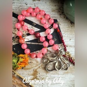 Salmon beads with red jade big pendant necklace